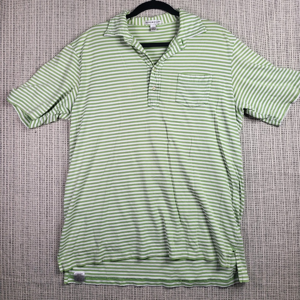 Peter Millar‎ Polo Shirt Mens Large Green White Striped Pima Cotton Casual Golf